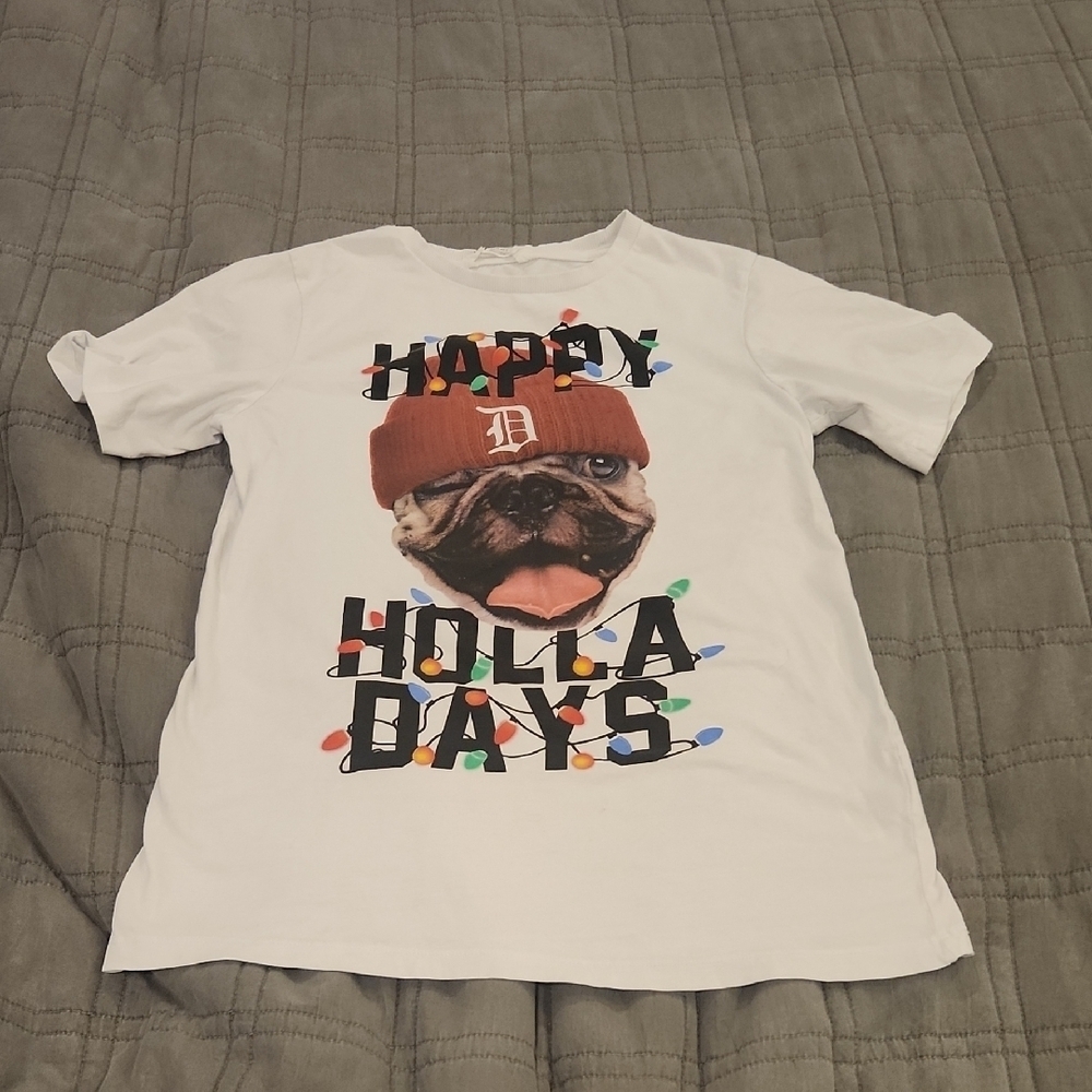 H&M White Kids Tee with Festive Pug Print Size 14Y